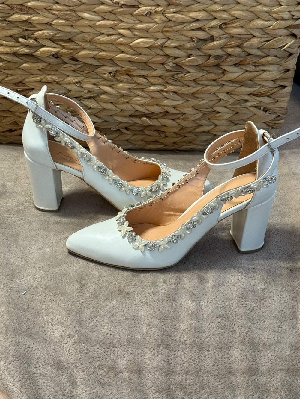 Women’s White Embellished Block Heel Pumps with Ankle Strap - wedding shoe